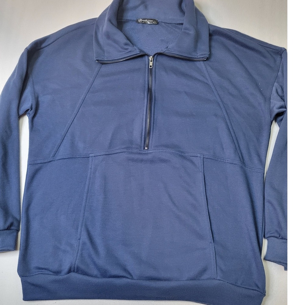 PRETTYGARDEN Womens Navy Blue Quarter Zip Pouch Pocket Sweatshirt Large 2903